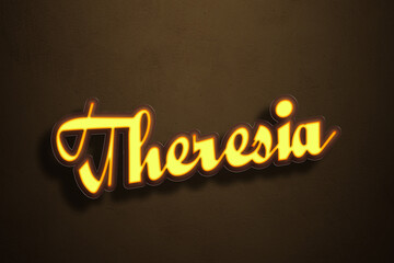 Yellow Neon Light Text Effect of name Theresia on Golden background.