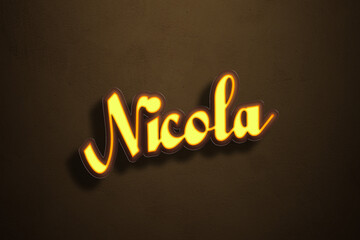 Yellow Neon Light Text Effect of name Nicola on Golden background.