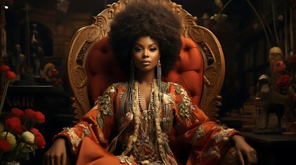 Confident Black woman with afro hairstyle sits regally on an ornate throne, wearing an embroidered robe and jewelry.