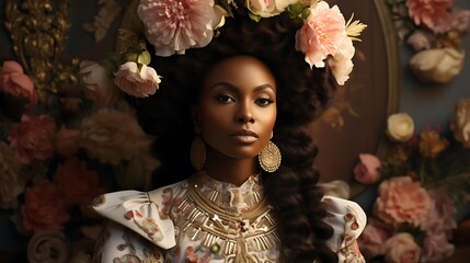 Portrait of a regal Black woman adorned with flowers and gold jewelry.
