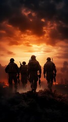 Silhouetted soldiers walking away from a fiery sunset battlefield.