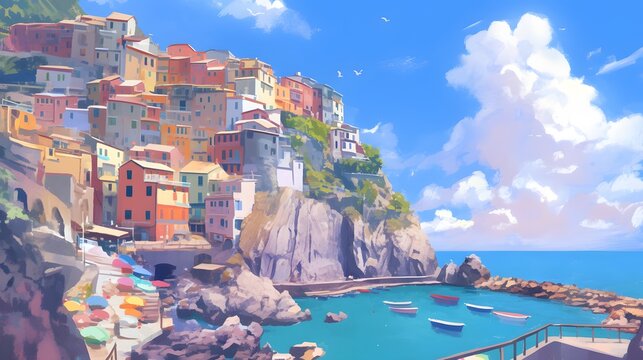 Italy coastal painting with cliffside houses and water