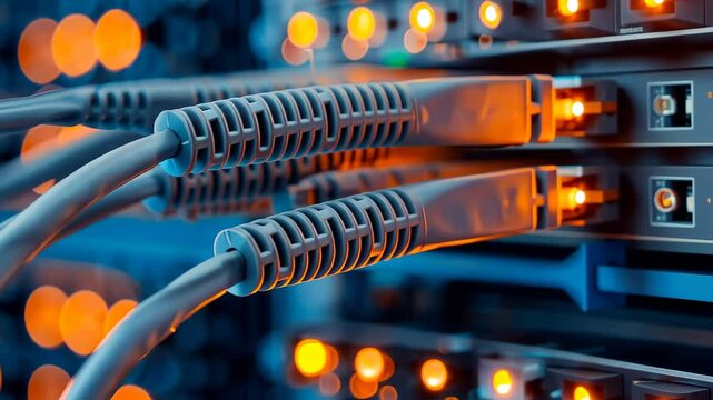 Close-up of Network Cables Connected to a Server in a Data Center With Glowing LED Indicators During a Late Evening Configuration