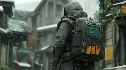 Post-apocalyptic traveler in snowy town.