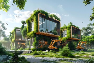 Eco-friendly modern buildings nestled in lush greenery, with construction equipment nearby.