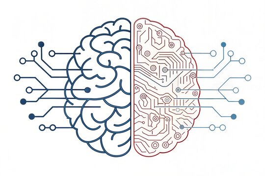 recommend clip art: Human brain vs artificial intelligence continuous line drawing concept, Ai and organic brain hemispheres wired together, single line neurointerface icon, humanity and machines interconnection
