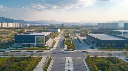 Naklejka na ściany i meble Aerial view of modern industrial park with buildings, roads, and landscaping.