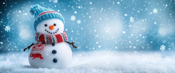 Fototapeta premium Charming Snowman with Colorful Hat and Scarf Surrounded by Gentle Snowflakes in a Winter Wonderland Background Ideal for Seasonal Greetings and Holiday Festivities