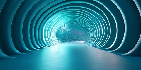 Abstract blue tunnel with glowing light at the end.