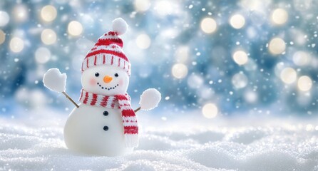 Fototapeta premium Charming Snowman with Red and White Hat and Scarf, Set Against a Winter Wonderland Backdrop of Snow and Bokeh Lights, Perfect for Holiday and Seasonal Themes