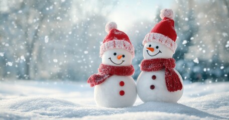 Charming Snowmen in Cozy Red Hats and Scarves Surrounded by Gentle Snowflakes on a Beautiful Winter Day, Evoking Joy and Holiday Cheer in a Serene Outdoor Setting