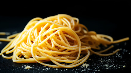 Delicious spaghetti piled high on dark background, showcasing its golden strands and fine texture, perfect for culinary photography