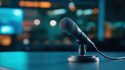 A detailed view of a microphone on a sleek recording studio desk, capturing the essence of audio production.