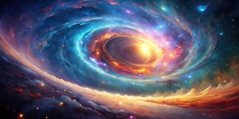 Obraz premium A cosmic swirl of vibrant nebulae and fiery energy, encompassing a celestial vortex with a radiant core, over a distant planetary horizon