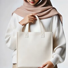 A Muslimah Woman Holding Eco-Friendly Reusable Fabric Tote Bag In Casual Fashion