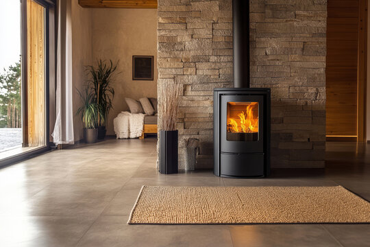 Luxury house interior with modern pellet stove. Contemporary living room with burning fireplace