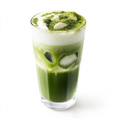 Iced matcha latte in a glass. Featuring matcha powder and almond milk