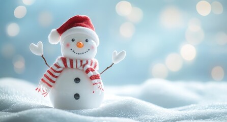 Fototapeta premium Cheerful snowman wearing a red hat and striped scarf stands in snowy landscape with sparkling snowflakes and a soft blue background, perfect for winter holiday themes