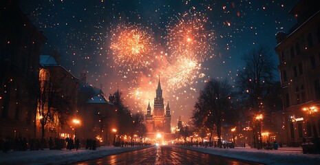 Fototapeta premium Fireworks Lighting Up the Sky Above a City Building