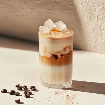 Iced vanilla latte in a glass. Featuring vanilla syrup and coffee ice cubes