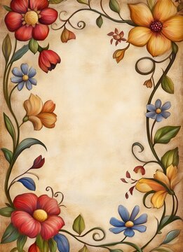 Colorful and elegant frame, for a book of fairy tales with intricate patterns of vines, flowers and delicate geometric shapes on a whimsical, magical theme. 