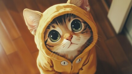 Adorable cat dressed in an anime-inspired onesie resembling a dog costume, sitting playfully indoors