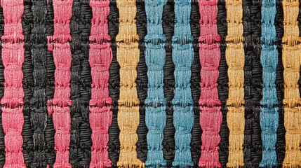 Obraz premium Close-up textured fabric with vertical stripes in pink, blue, yellow, and black.