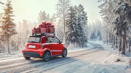 A red car adorned with festive gifts drives through a snowy landscape, capturing the essence of winter travels and holiday spirit.