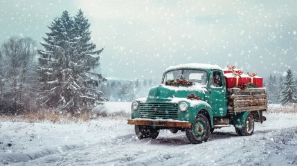 A vintage green truck carrying gifts drives through a snowy landscape, creating a festive winter scene.