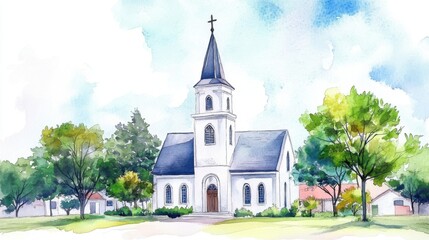 Fototapeta premium A charming watercolor illustration of a serene church surrounded by lush greenery and a clear blue sky.