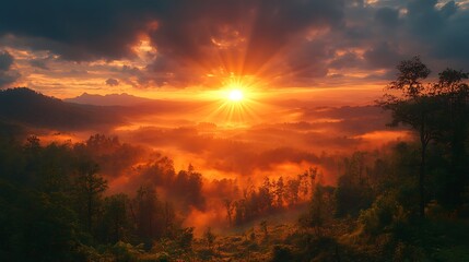 Majestic Sunrise Over Misty Mountain Valley Landscape