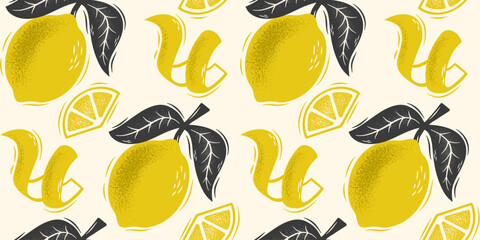 Hand-drawn lemons arranged in a seamless repeat pattern with sliced pieces and twisted peels.