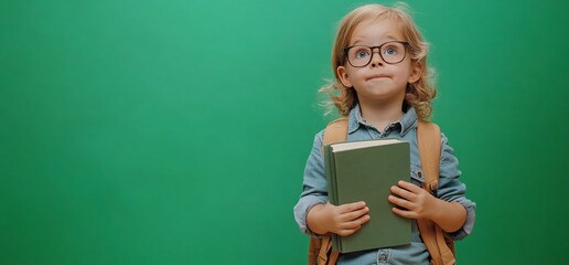 A young child with glasses holding a book, standing against a green background.