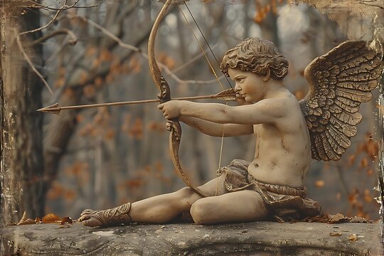 Cupid statue aiming bow and arrow in autumnal forest setting.