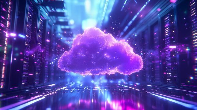 Cloud computing concept. Cloud, data center, storage, internet, computers, servers, room. Computer in a room with servers and internet. Computer room with a computer center with lifestyle internet.