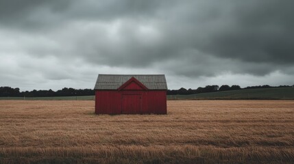 Fototapeta premium Red Barn in Overcast Countryside Landscape