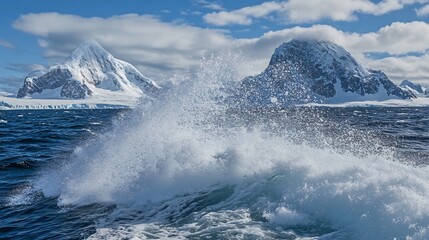 Antarctic Ocean Wave Crashing Against Snow-Covered Mountains
