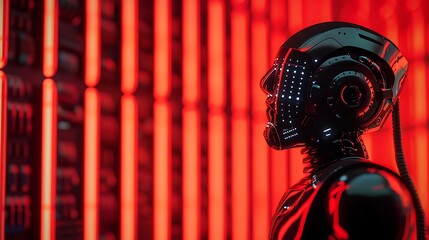 Obraz premium Futuristic robot profile against a red illuminated background.