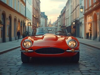 Red classic car parked on cobblestone street.