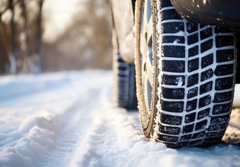 Close-Up of Winter Tire Tread on Snowy Roadway Capturing the Essence of Winter Driving Conditions and Vehicle Preparedness in Cold Weather