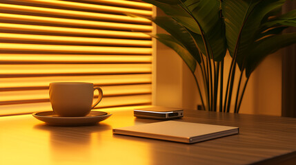 Cozy evening scene with coffee, notebook, and plant on wooden table, illuminated by warm window light.