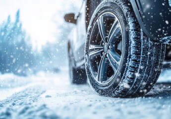 Close-Up View of a Tire on a Snowy Road Emphasizing Traction and Stability in Winter Conditions with Soft Snowfall in the Background
