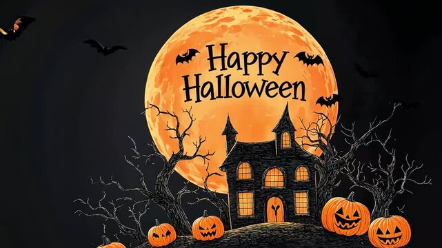 Halloween scene with a haunted house, bats, pumpkins, and a full moon.