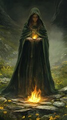 Brigid as a goddess of fire and poetry, standing by a sacred flame
