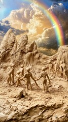 Nuwa creating humans figure and tree from clay, with a rainbow arcing across the sky.