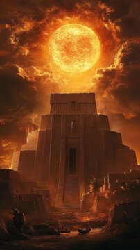 Shamash, the sun god, rising in a chariot over the ziggurats of Mesopotamia , cinematic view