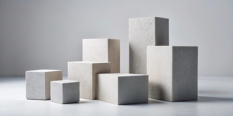 Fototapeta premium Abstract Minimalist Composition of Grey Cubes and Rectangular Prisms on a Neutral Background