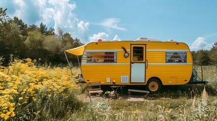 Yellow vintage camper van parked in a sunny field of yellow wildflowers, under a partly cloudy sky.