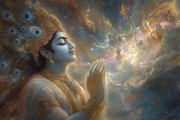 Krishna revealing his Vishwaroop (universal form) to Arjuna, with cosmic imagery