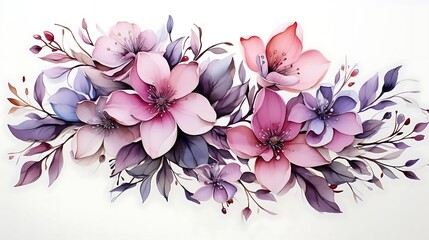 Watercolor floral arrangement of pink, purple, and mauve flowers with leaves, isolated on white.